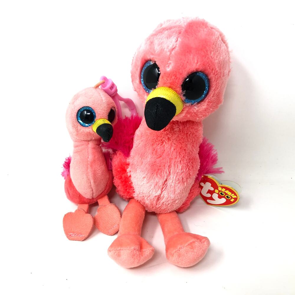Ty Beanie Boo Flamingo Plush Gilda Set of 2 Pink 6" Bird & Backpack‎ Clip